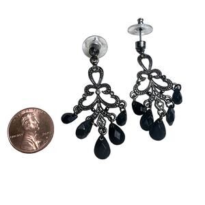 VINTAGE Crystal Rhinestone Chandelier Dangle Earrings Black Jet Antiqued Silver
